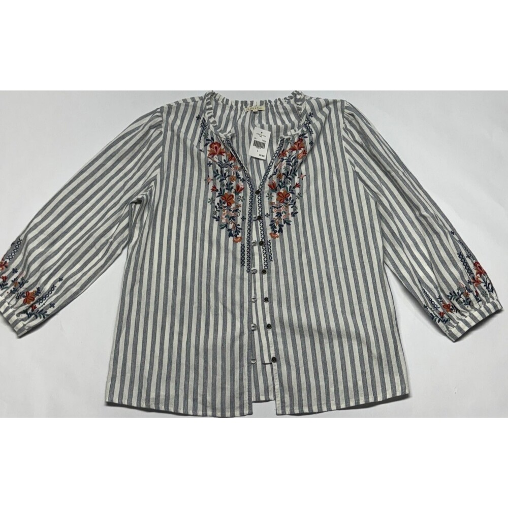 Kate & Sam Striped Floral Embroidered Boho Blouse Button Down NWT Size L